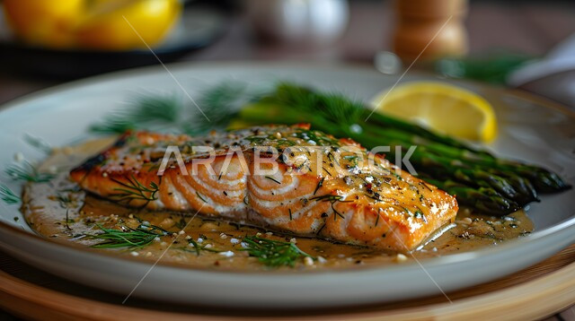سمك السلمون المشوي مع صلصة الليمون والكرفس، وجبة ذات قيمة غذائية عالية، فنون التقديم في مطاعم ومطابخ المملكة العربية السعودية، أطباق من المأكولات العربية التقليدية الشعبية، وصفات طعام شهية صحية ولذيذة