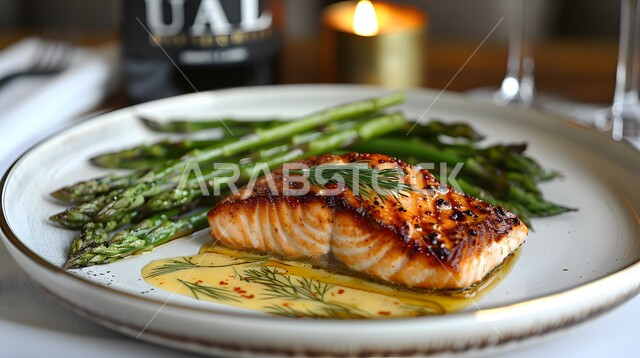 سمك السلمون المشوي مع صلصة الليمون والكرفس، وجبة ذات قيمة غذائية عالية، فنون التقديم في مطاعم ومطابخ المملكة العربية السعودية، أطباق من المأكولات العربية التقليدية الشعبية، وصفات طعام شهية صحية ولذيذة