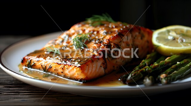 سمك السلمون المشوي مع صلصة الليمون والكرفس، وجبة ذات قيمة غذائية عالية، فنون التقديم في مطاعم ومطابخ المملكة العربية السعودية، أطباق من المأكولات العربية التقليدية الشعبية، وصفات طعام شهية صحية ولذيذة