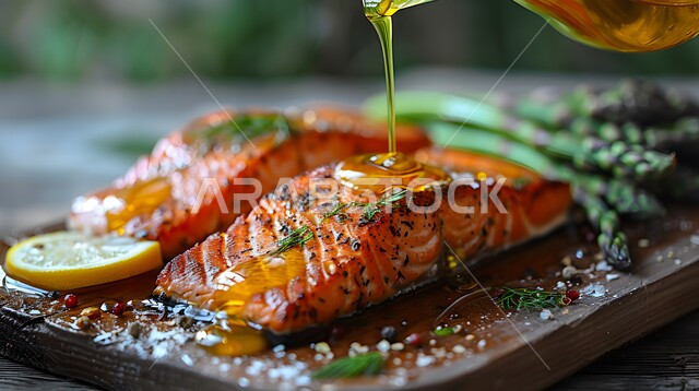 سمك السلمون المشوي مع صلصة الليمون والكرفس، وجبة ذات قيمة غذائية عالية، فنون التقديم في مطاعم ومطابخ المملكة العربية السعودية، أطباق من المأكولات العربية التقليدية الشعبية، وصفات طعام شهية صحية ولذيذة