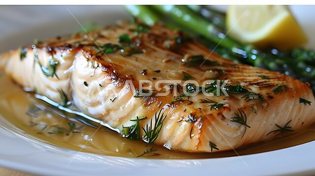 Grilled salmon with lemon and celery sauce, a meal with high nutritional value, the art of presentation in restaurants and kitchens in the Kingdom of Saudi Arabia, dishes from traditional popular Arab cuisine, delicious, healthy and tasty food recipes