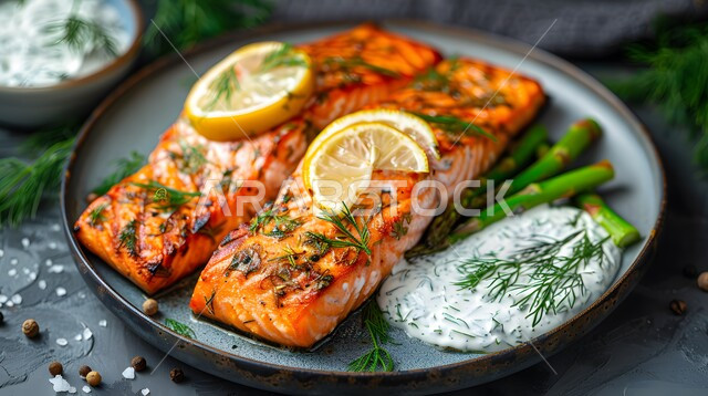 سمك السلمون المشوي مع صلصة الليمون والكرفس، وجبة ذات قيمة غذائية عالية، فنون التقديم في مطاعم ومطابخ المملكة العربية السعودية، أطباق من المأكولات العربية التقليدية الشعبية، وصفات طعام شهية صحية ولذيذة