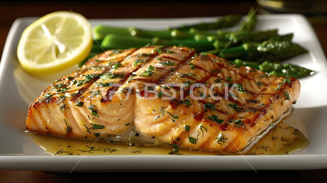 سمك السلمون المشوي مع صلصة الليمون والكرفس، وجبة ذات قيمة غذائية عالية، فنون التقديم في مطاعم ومطابخ المملكة العربية السعودية، أطباق من المأكولات العربية التقليدية الشعبية، وصفات طعام شهية صحية ولذيذة