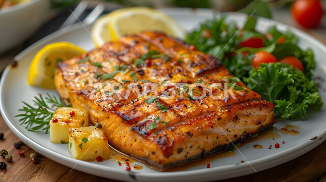 سمك السلمون المشوي مع صلصة الليمون والكرفس، وجبة ذات قيمة غذائية عالية، فنون التقديم في مطاعم ومطابخ المملكة العربية السعودية، أطباق من المأكولات العربية التقليدية الشعبية، وصفات طعام شهية صحية ولذيذة