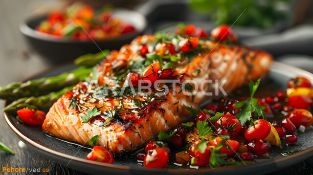 طبق من سمك السلمون المشوي مع الرمان والطماطم الكرزية، وجبة ذات قيمة غذائية عالية، فنون التقديم في مطاعم ومطابخ المملكة العربية السعودية، أطباق من المأكولات العربية التقليدية الشعبية، وصفات طعام شهية صحية ولذيذة