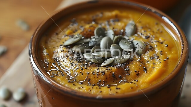 A plate of pumpkin soup with cream garnished with roasted seeds, orange Halloween pumpkin, hot Arabic dishes and foods, delicious popular recipes and meals, Saudi Gulf oriental kitchens and restaurants
