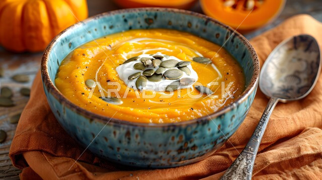A plate of pumpkin soup with cream garnished with roasted seeds, orange Halloween pumpkin, hot Arabic dishes and foods, delicious popular recipes and meals, Saudi Gulf oriental kitchens and restaurants
