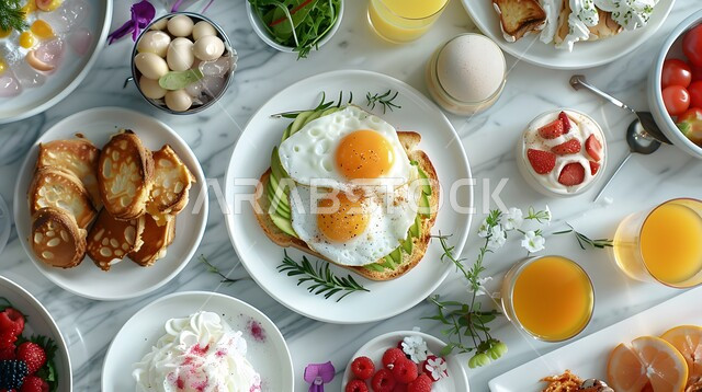 وجبة فطور صباحية مفيدة وسريعة ، وجبات ومأكولات للحميات الغذائية ، الاومليت اللذيذ المليء بالبروتينات الصحية ، سفرة إفطار طازجة ومغذية ، طبق البيض المقلي مع الفواكه والخضار المتنوعة