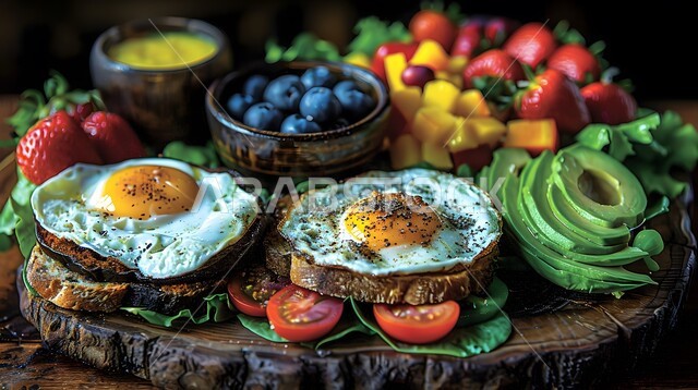 وجبة فطور صباحية مفيدة وسريعة ، وجبات ومأكولات للحميات الغذائية ، الاومليت اللذيذ المليء بالبروتينات الصحية ، سفرة إفطار طازجة ومغذية ، طبق البيض المقلي مع الفواكه والخضار المتنوعة