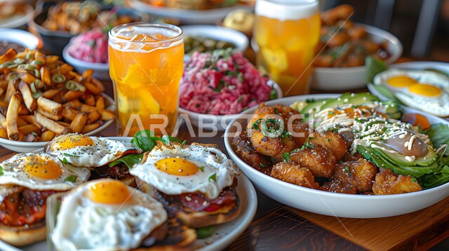 وجبة فطور صباحية مفيدة وسريعة ، وجبات ومأكولات للحميات الغذائية ، الاومليت اللذيذ المليء بالبروتينات الصحية ، سفرة إفطار طازجة ومغذية ، طبق البيض المقلي مع الفواكه والخضار المتنوعة