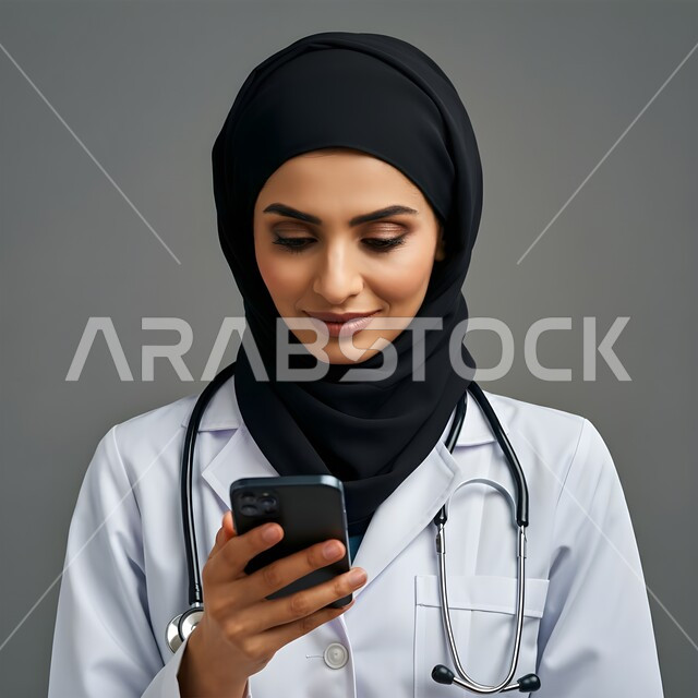 مفهوم الطب والرعاية الصحية، استخدام  الجوال في البحث والتطوير، بورتريه مقرب لطبيبة عربية خليجية سعودية محجبة ترتدي المعطف الابيض وتضع سماعة طبية حول رقبتها، تقديم الخدمات للمرضى بكل كفاءه, إجراء الاستشارت الطبية والخدمات العلاجية للمرضى عن بعد, خلفيه رماديه 