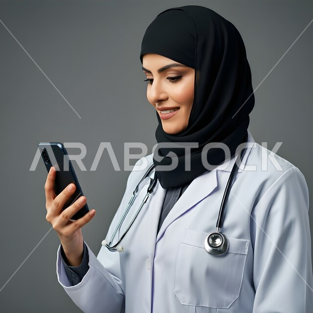  العمل في القطاع الصحي، استخدام  الجوال في البحث والتطوير، بورتريه مقرب لطبيبة عربية خليجية سعودية محجبة ترتدي المعطف الابيض وتضع سماعتها الطبية حول رقبتها، تقديم الخدمات للمرضى بكل كفاءه, إجراء الاستشارت الطبية والخدمات العلاجية للمرضى عن بعد, خلفيه رماديه 