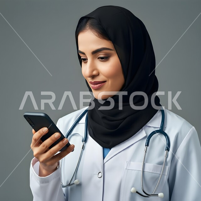 Using mobile in research and development, close-up portrait of a veiled Saudi Arabian Gulf female doctor wearing a white coat and her stethoscope around her neck, providing services to patients efficiently, conducting medical consultations and treatment services for patients online, gray background