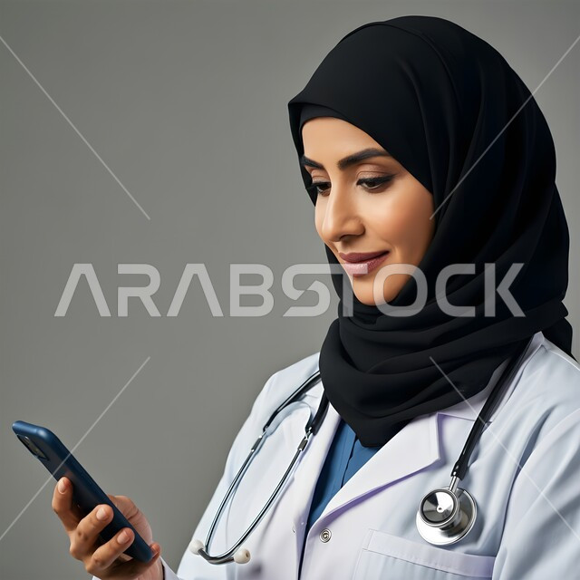 إجراء الاستشارت الطبية والخدمات العلاجية للمرضى عبر الأونلاين, استخدام  الجوال في البحث والتطوير، بورتريه مقرب لطبيبة عربية خليجية سعودية محجبة ترتدي المعطف الابيض وتضع سماعتها الطبية حول رقبتها، تقديم الخدمات للمرضى بكل كفاءه, خلفيه رماديه 