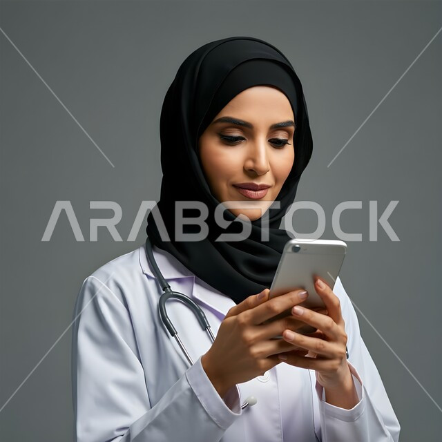 Providing services to patients efficiently, conducting medical consultations and treatment services for patients via the Internet, using mobile phones in research and development, close-up portrait of a veiled Saudi Arabian Gulf female doctor wearing a white coat and placing her stethoscope around her neck, gray background