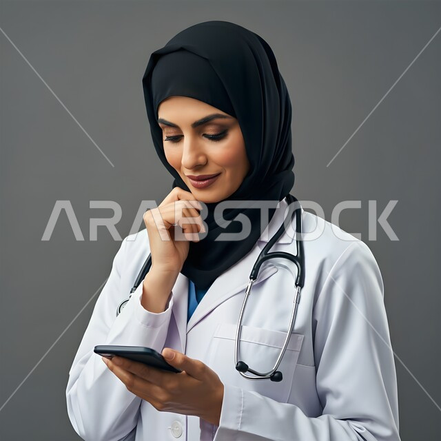 مفهوم الطب والرعاية الصحية، استخدام  الجوال في البحث والتطوير، بورتريه مقرب لطبيبة عربية خليجية سعودية محجبة ترتدي المعطف الابيض وتضع سماعة طبية حول رقبتها، تقديم الخدمات للمرضى بكل كفاءه, إجراء الاستشارت الطبية والخدمات العلاجية للمرضى عن بعد, خلفيه رماديه 