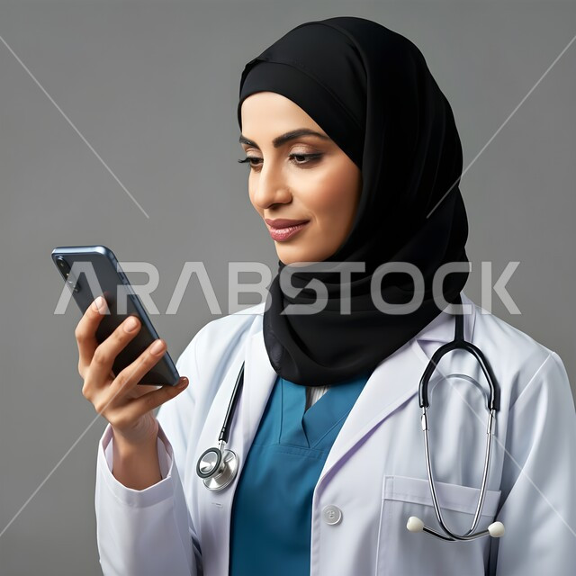  العمل في القطاع الصحي، استخدام  الجوال في البحث والتطوير، بورتريه مقرب لطبيبة عربية خليجية سعودية محجبة ترتدي المعطف الابيض وتضع سماعتها الطبية حول رقبتها، تقديم الخدمات للمرضى بكل كفاءه, إجراء الاستشارت الطبية والخدمات العلاجية للمرضى عن بعد, خلفيه رماديه 