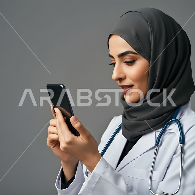 استخدام  الجوال في البحث والتطوير، بورتريه مقرب لطبيبة عربية خليجية سعودية محجبة ترتدي المعطف الابيض وتضع سماعتها الطبية حول رقبتها، تقديم الخدمات للمرضى بكل كفاءه, إجراء الاستشارت الطبية والخدمات العلاجية للمرضى عبر الأونلاين, خلفيه رماديه 