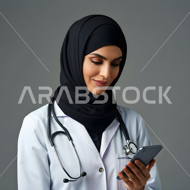 إجراء الاستشارت الطبية والخدمات العلاجية للمرضى عبر الأونلاين, استخدام  الجوال في البحث والتطوير، بورتريه مقرب لطبيبة عربية خليجية سعودية محجبة ترتدي المعطف الابيض وتضع سماعتها الطبية حول رقبتها، تقديم الخدمات للمرضى بكل كفاءه, خلفيه رماديه 
