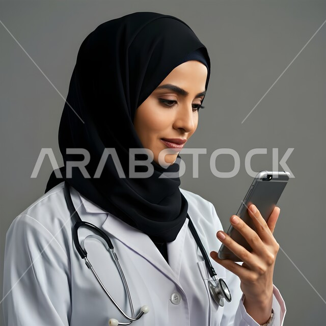تقديم الخدمات للمرضى بكل كفاءه, إجراء الاستشارت الطبية والخدمات العلاجية للمرضى عبر الأونلاين, استخدام  الجوال في البحث والتطوير، بورتريه مقرب لطبيبة عربية خليجية سعودية محجبة ترتدي المعطف الابيض وتضع سماعتها الطبية حول رقبتها، خلفيه رماديه 