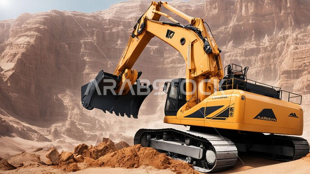 جرافات هيدروليكية تقوم بأحد اعمال التعدين لنقل وتفريغ التراب في الأماكن الجبلية في المملكة العربية السعودية, مفهوم مشاريع البناء والانشاء الكبيرة, مهن ووظائف هندسية صناعية, استخدام الآلات والمعدات الثقيلة في المناطق الوعرة في وقت النهار