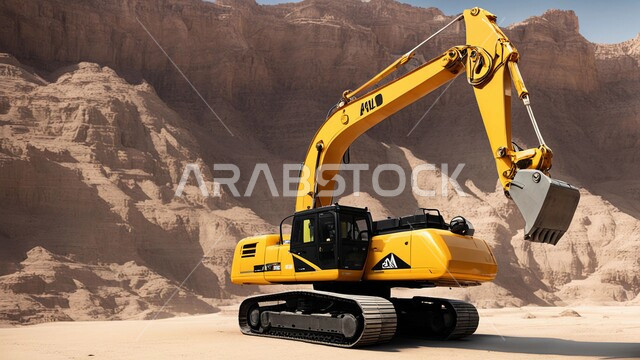 Removal of soil and rocks and transporting them away, natural coal mines, areas for prospecting for underground resources, rocky nature and terrain of mountain ranges, highlands and mountain peaks in the Kingdom of Saudi Arabia, a large cargo vehicle working at the mining site