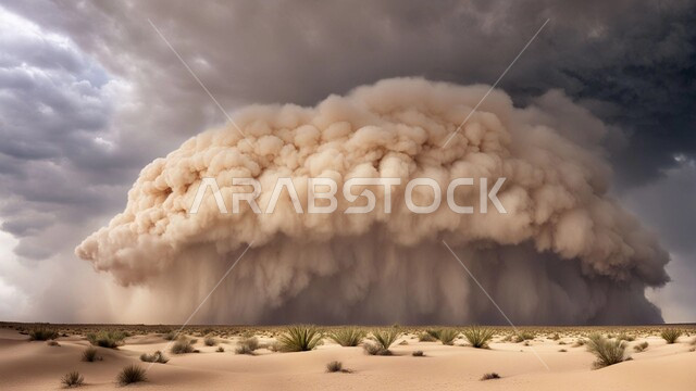  الزوابع الغبارية القوية، العاصفة الرملية في الصحراء, رياح ترابية في المناطق الصحراوية, الكثبان والرمال الذهبية الناعمة، التشكيلات والتكوينات الرملية في المملكة العربية السعودية, منظر السماء الممتلئة بالغيوم الداكنة