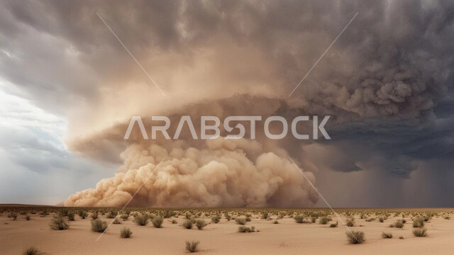 غبار العاصفة الرملية في الصحراء, رياح ترابية في المناطق الصحراوية, الكثبان والرمال الذهبية الناعمة، التشكيلات والتكوينات الرملية في المملكة العربية السعودية, منظر السماء الممتلئة بالغيوم الداكنة، الزوابع الغبارية القوية