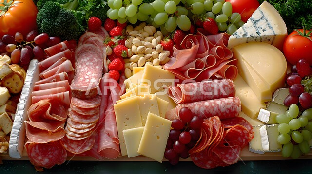 طبق طعام مليء بالفواكه الطازجة والمكسرات، سناكات خفيفة وصحية غنية بالعناصر الغذائية الهامة، فطور صباحي على الطريقة السعودية، فن تقديم الطعام في المطابخ الشرقية ، مجموعة من اصناف اللحم الغير مطبوخ