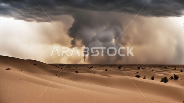التشكيلات والتكوينات الرملية في المملكة العربية السعودية, منظر السماء الممتلئة بالغيوم الداكنة، الزوابع الغبارية القوية, أجواء وطقوس قاسية, غبار العاصفة الرملية في الصحراء, رياح ترابية في المناطق الصحراوية, الكثبان والرمال الذهبية الناعمة