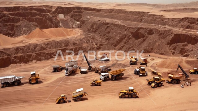 التخلص من الأتربة والصخور ونقلها بعيدا, أماكن مناجم الفحم الطبيعي، مناطق التنقيب عن الثروات الباطنية، الطبيعة الصخرية وتضاريس السلاسل الجبلية، المرتفعات وقمم الجبال في المملكة العربية السعودية، سيارة شحن كبيرة تقوم بالعمل في موقع التعدين