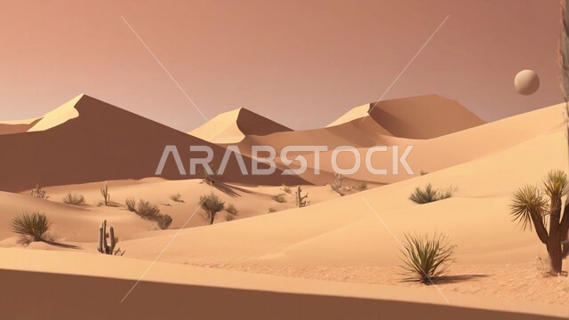 الهضاب والتلال في المناطق الطبيعية الصحراوية، البيئة الرملية في وقت النهار، الرمال الذهبية الناعمة والكثبان في صحراء المملكة العربية السعودية, نمو النباتات البرية في صحاري المملكة، خلفية الطبيعه