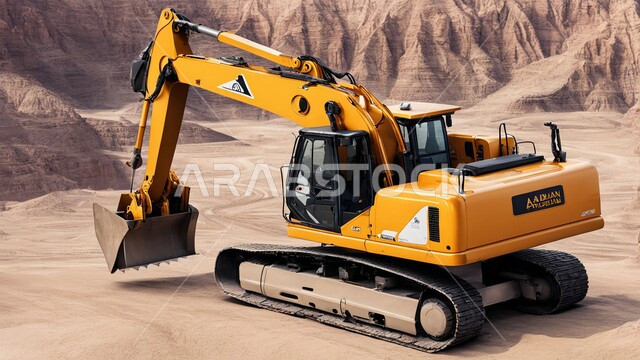 جرافة تعمل على رفع وتعبئة الرمال والحصى في النهار، مفهوم الهندسة والإنشاءات والتطوير، مهن ووظائف هندسية في السعودية، معمل تجميع الرمل والآلات الضخمة، قوة وتقنية عملية استخراج مواد البناء، آلات ومعدات ثقيلة