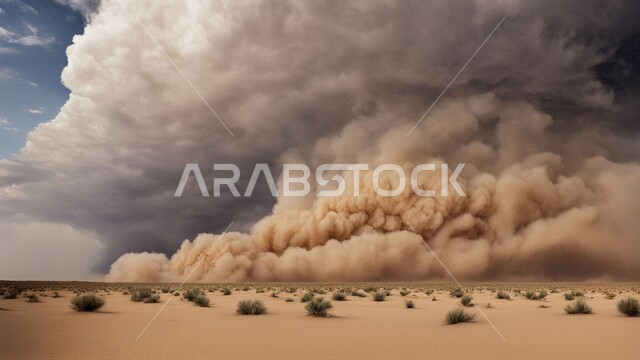 غبار العاصفة الرملية في الصحراء, رياح ترابية في المناطق الصحراوية, الكثبان والرمال الذهبية الناعمة، التشكيلات والتكوينات الرملية في المملكة العربية السعودية, منظر السماء الممتلئة بالغيوم الداكنة، الزوابع الغبارية القوية