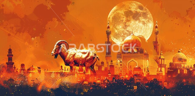 العبادة والتقرب من الله تعالي، الاعياد والمناسبات الدينية، اضحية وقربان عيد الاضحى وحيوان الماعز ، قدوم شهر الخير، رسوم توضيحية ثلاثية الابعاد للمأذن والقبب للمساجد الإسلامية، خلفية برتقالية