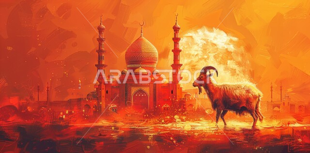 العبادة والتقرب من الله تعالي، الاعياد والمناسبات الدينية، اضحية وقربان عيد الاضحى وحيوان الماعز ، قدوم شهر الخير، رسوم توضيحية ثلاثية الابعاد للمأذن والقبب للمساجد الإسلامية، خلفية برتقالية