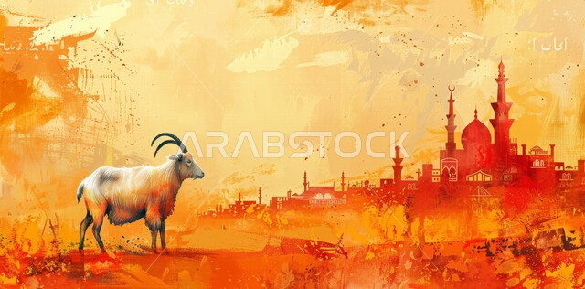 العبادة والتقرب من الله تعالي، الاعياد والمناسبات الدينية، اضحية وقربان عيد الاضحى وحيوان الماعز ، قدوم شهر الخير، رسوم توضيحية ثلاثية الابعاد للمأذن والقبب للمساجد الإسلامية، خلفية برتقالية