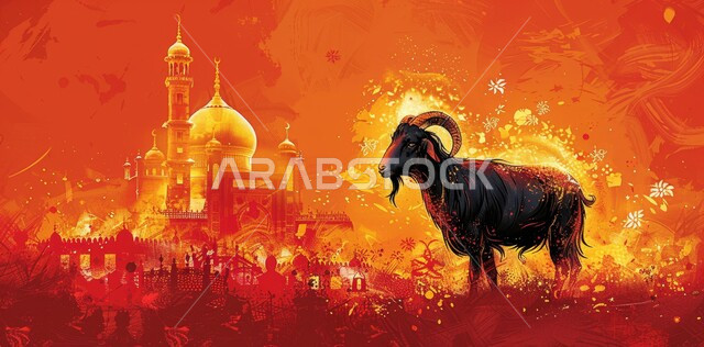 العبادة والتقرب من الله تعالي، الاعياد والمناسبات الدينية، اضحية وقربان عيد الاضحى وحيوان الماعز ، قدوم شهر الخير، رسوم توضيحية ثلاثية الابعاد للمأذن والقبب للمساجد الإسلامية، خلفية برتقالية