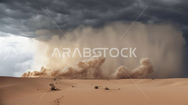 التشكيلات والتكوينات الرملية في المملكة العربية السعودية, منظر السماء الممتلئة بالغيوم الداكنة، الزوابع الغبارية القوية, أجواء وطقوس قاسية, غبار العاصفة الرملية في الصحراء, رياح ترابية في المناطق الصحراوية, الكثبان والرمال الذهبية الناعمة