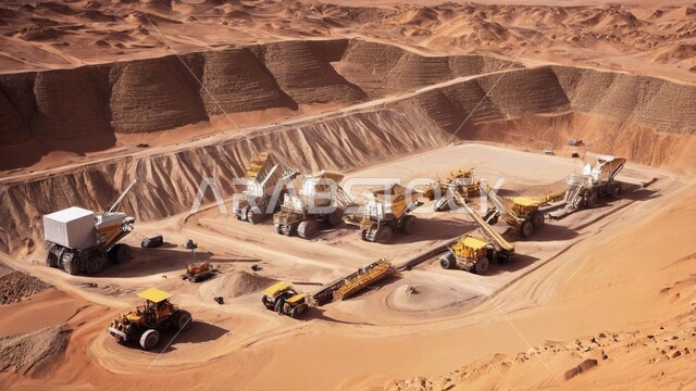 أماكن مناجم الفحم الطبيعي، مناطق التنقيب عن الثروات الباطنية، الطبيعة الصخرية وتضاريس السلاسل الجبلية، المرتفعات وقمم الجبال في المملكة العربية السعودية، جرافات كبيرة تقوم بالعمل في موقع التعدين، التخلص من الأتربة والصخور ونقلها بعيدا