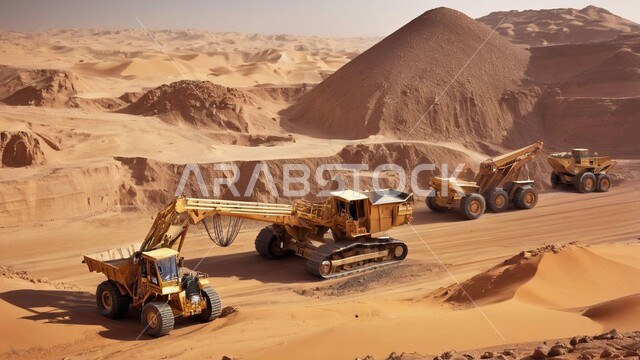 مفهوم مشاريع البناء والانشاء الكبيرة, جرافة هيدروليكية تقوم بأحد اعمال التعدين لنقل وتفريغ التراب في الأماكن الجبلية في المملكة العربية السعودية, مهن ووظائف هندسية صناعية, استخدام الآلات والمعدات الثقيلة في المناطق الوعرة في وقت النهار