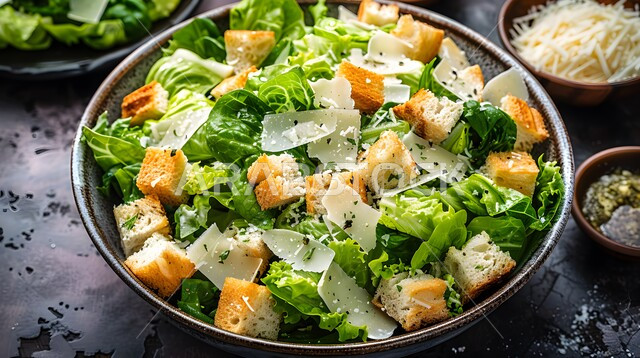   سيزر طبق مقبلات بارد صحي ولذيذ ، سلطة خضار لذيذة، قطع من خضار الخس الطازجه، وجبات صحية للدايت، مطاعم و مأكولات مفيدة، وجبات الطعام السريعة الشهية