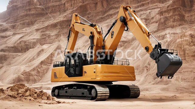 مفهوم مشاريع البناء والانشاء الكبيرة, جرافة هيدروليكية تقوم بأحد اعمال التعدين لنقل وتفريغ التراب في الأماكن الجبلية في المملكة العربية السعودية, مهن ووظائف هندسية صناعية, استخدام الآلات والمعدات الثقيلة في المناطق الوعرة في وقت النهار