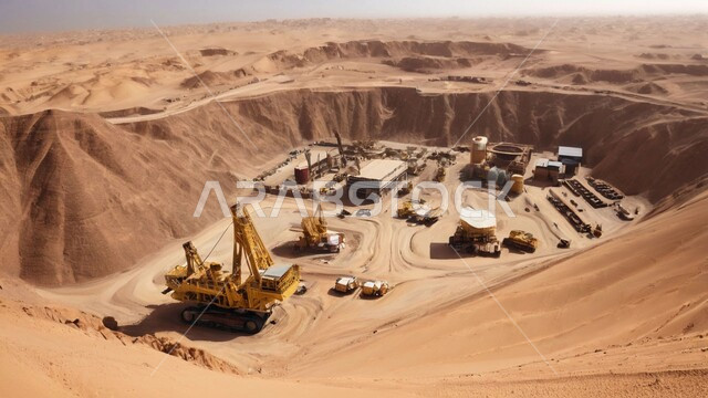 Removal of soil and rocks and transporting them away, natural coal mines, areas for prospecting for underground resources, rocky nature and terrain of mountain ranges, highlands and mountain peaks in the Kingdom of Saudi Arabia, a large cargo vehicle working at the mining site