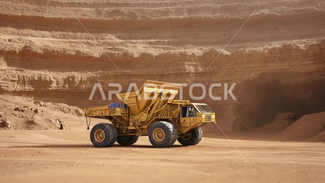 مفهوم مشاريع البناء والانشاء الكبيرة, جرافة هيدروليكية تقوم بأحد اعمال التعدين لنقل وتفريغ التراب في الأماكن الجبلية في المملكة العربية السعودية, مهن ووظائف هندسية صناعية, استخدام الآلات والمعدات الثقيلة في المناطق الوعرة في وقت النهار