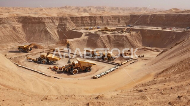 أماكن مناجم الفحم الطبيعي، مناطق التنقيب عن الثروات الباطنية، الطبيعة الصخرية وتضاريس السلاسل الجبلية، المرتفعات وقمم الجبال في المملكة العربية السعودية، جرافات كبيرة تقوم بالعمل في موقع التعدين، التخلص من الأتربة والصخور ونقلها بعيدا