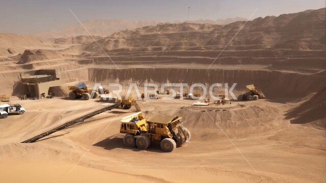 التخلص من الأتربة والصخور ونقلها بعيدا, أماكن مناجم الفحم الطبيعي، مناطق التنقيب عن الثروات الباطنية، الطبيعة الصخرية وتضاريس السلاسل الجبلية، المرتفعات وقمم الجبال في المملكة العربية السعودية، سيارة شحن كبيرة تقوم بالعمل في موقع التعدين