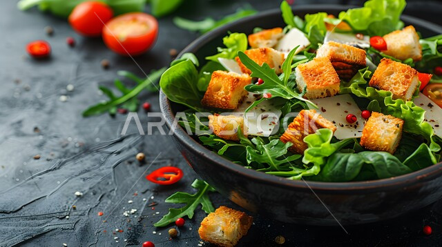  سيزر طبق مقبلات بارد صحي ولذيذ ، حمية غذائية صحية ، صورة مقربة لطبق مليئ من الخضراوات الطازجة المفيدة للصحة ،  قطع من خضار الخس الطازجه ، وجبات صحية للدايت ، مطاعم و مأكولات مفيدة ، وجبات الطعام السريعة الشهية