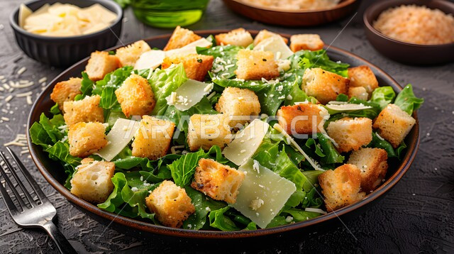  سيزر طبق مقبلات بارد صحي ولذيذ ، حمية غذائية صحية ، صورة مقربة لطبق مليئ من الخضراوات الطازجة المفيدة للصحة ،  قطع من خضار الخس الطازجه ، وجبات صحية للدايت ، مطاعم و مأكولات مفيدة ، وجبات الطعام السريعة الشهية