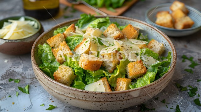 Caesar salad is a healthy and delicious cold appetizer, healthy diet, close-up of a plate full of healthy fresh vegetables, pieces of fresh lettuce, healthy diet meals, healthy restaurants and foods, delicious fast food meals